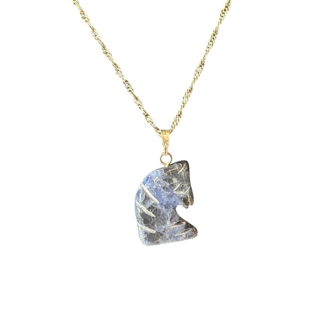 Carved Blue Stone Horse Pendant Necklace Silver Tone 16” Animal Totem